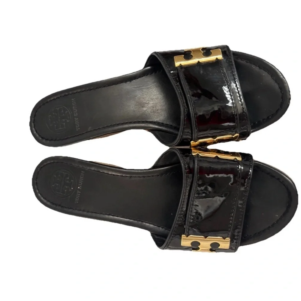 Tory Butch wedge Sandal I Black Leather Slipon size 9.5